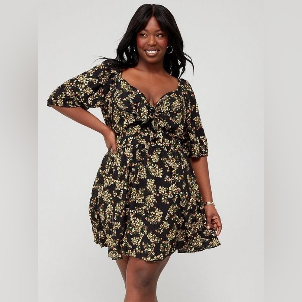 City Chic Sorrento Knot Front Mini Dress Floral Puff Sleeve Citrus Size 14
